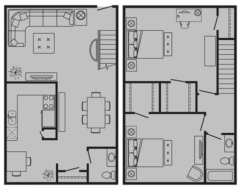 Floor plan for 2 beds, 1.5 baths, 1237 sqft